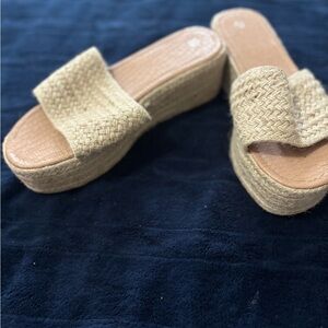 Beige Woven Platform Slide Sandals